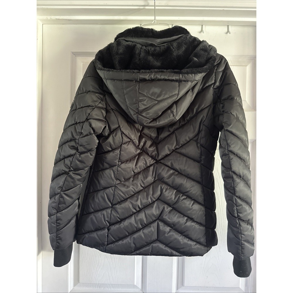 Women's Nautica Black Puffer Jacket Faux Fur Collar Detachable Hood Zip Up M - Picture 3 of 6